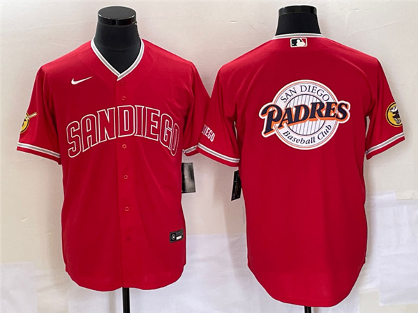 Men's San Diego Padres Red Team Big Logo Cool Base With Patch Stitched Baseball Jersey